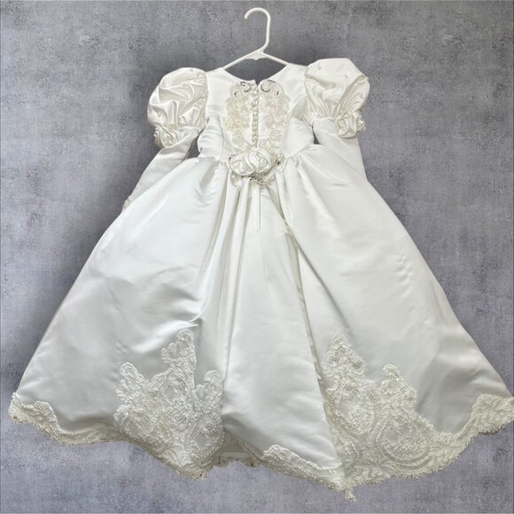 White Satin Girls Dress W/ Embroidered Lace & Beaded Wedding baptism - Picture 3 of 14